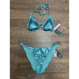 Wild Fable 2 Pieces Bikini Top Stringy Bottom Turquoise Blue Shimmer - Sz L NWT